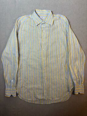 Aster Linen Yellow & Light Blue Vertical Stripe Button-Down Shirt